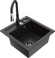 Mexen Vito 1-bowl granite sink with kitchen faucet Savita, black/gold metallic - 6503-75-672601-70-B