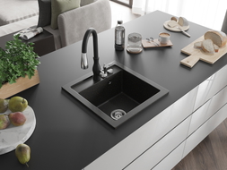 Mexen Vito granite kitchen sink 1-bowl with Savita kitchen faucet, black/golden metallic - 6503-75-672601-70