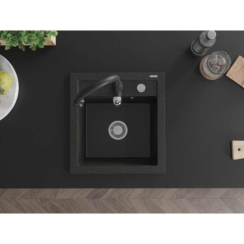 Mexen Vito granite sink 1-bowl with Savita kitchen tap, black/gold metallic - 6503-75-672601-70