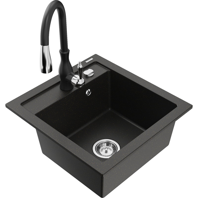 Mexen Vito granite kitchen sink 1-bowl with Savita kitchen faucet, black/golden metallic - 6503-75-672601-70