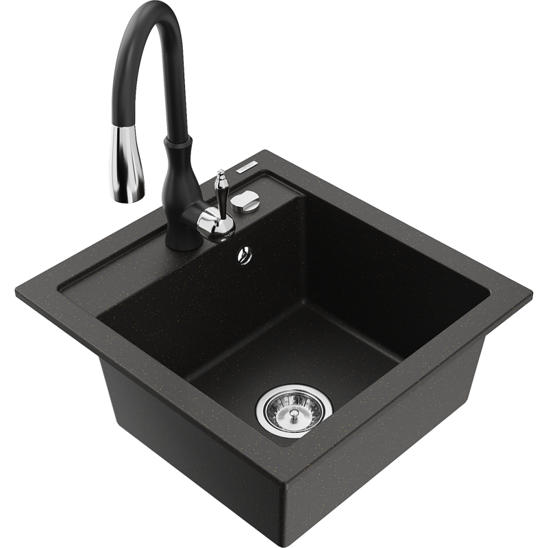 Mexen Vito granite sink 1-bowl with Savita kitchen tap, black/gold metallic - 6503-75-672601-70