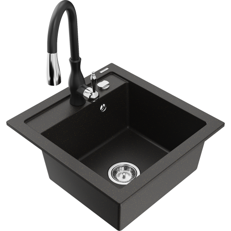 Mexen Vito granite kitchen sink 1-bowl with Savita kitchen faucet, black/golden metallic - 6503-75-672601-70