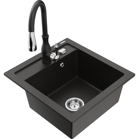 Mexen Vito granite sink 1-bowl with Savita kitchen tap, black/gold metallic - 6503-75-672601-70