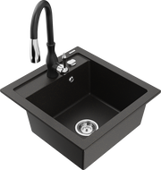 Mexen Vito granite kitchen sink 1-bowl with Savita kitchen faucet, black/golden metallic - 6503-75-672601-70