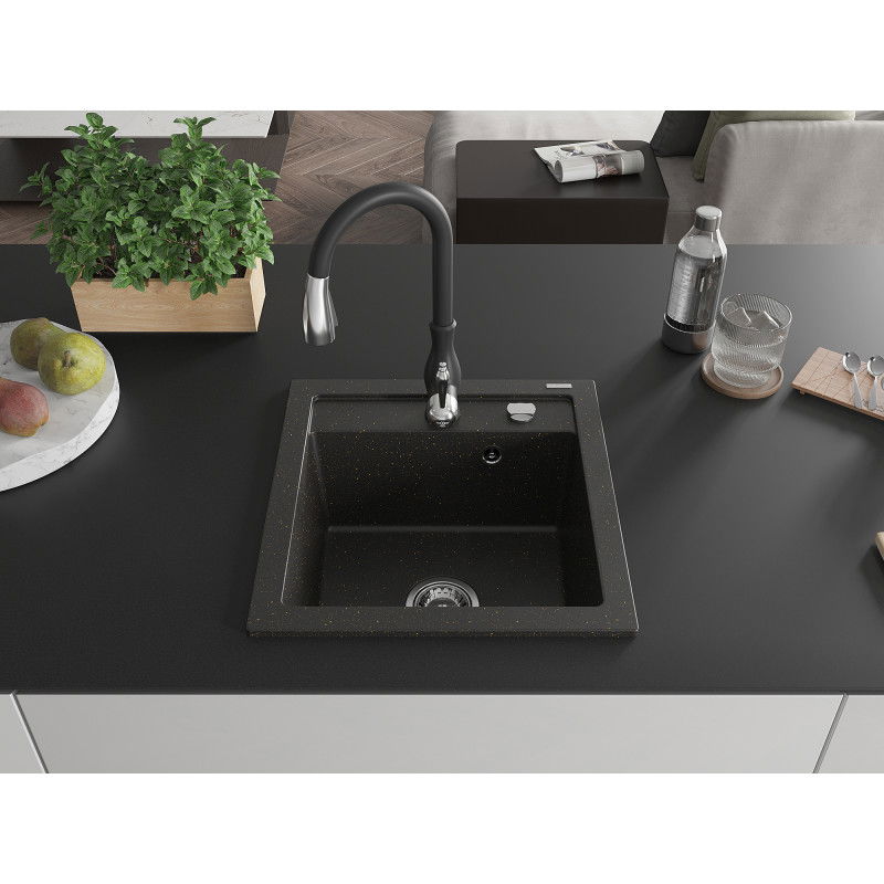 Mexen Vito granite sink 1-bowl with Savita kitchen tap, black/gold metallic - 6503-75-672601-70