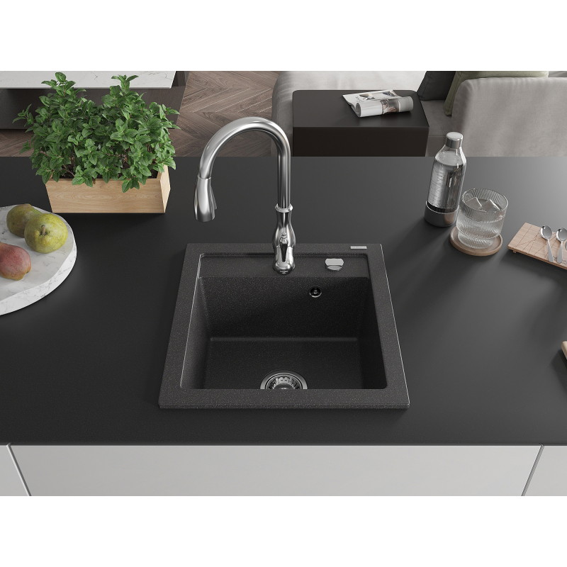 Mexen Vito granite single-bowl kitchen sink with Savita faucet, black speckled - 6503-76-672601-00