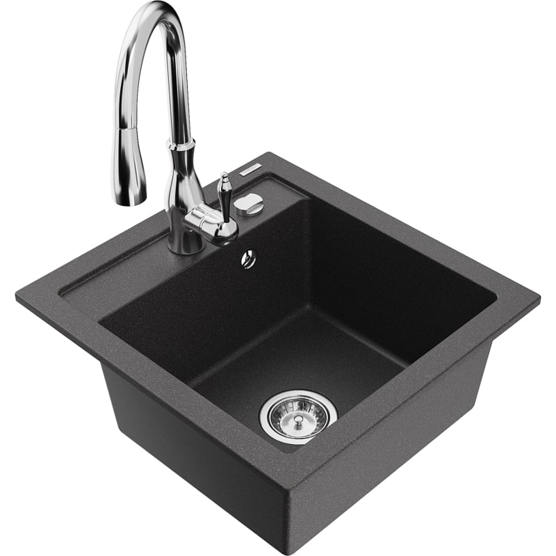 Mexen Vito 1-bowl granite sink with Savita kitchen faucet, black speckled - 6503-76-672601-00