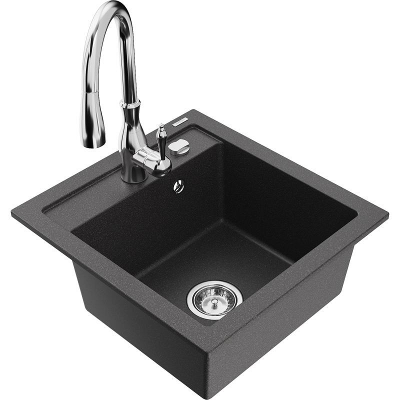 Mexen Vito granite kitchen sink 1-bowl with Savita kitchen tap, black speckled - 6503-76-672601-00