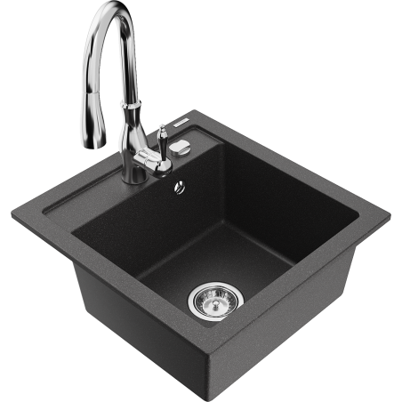 Mexen Vito granite kitchen sink 1-bowl with Savita kitchen tap, black speckled - 6503-76-672601-00
