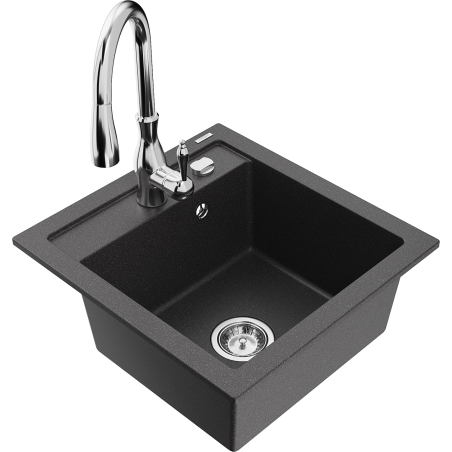 Mexen Vito granite single-bowl kitchen sink with Savita faucet, black speckled - 6503-76-672601-00