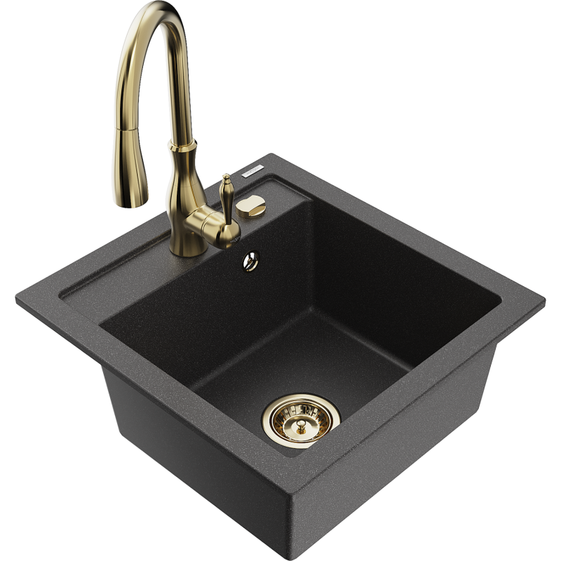 Mexen Vito 1-bowl granite sink with Savita kitchen tap, speckled black - 6503-76-672601-50