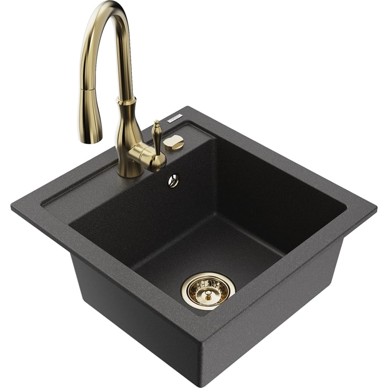 Mexen Vito granite single-bowl sink with Savita kitchen faucet, black speckled - 6503-76-672601-50