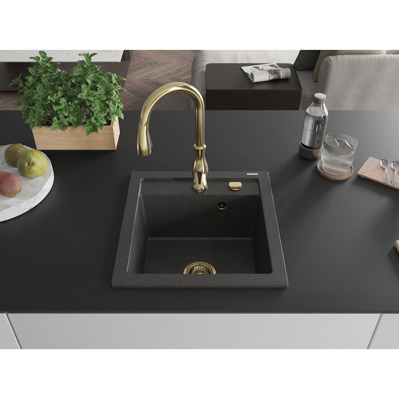 Mexen Vito 1-bowl granite sink with Savita kitchen tap, speckled black - 6503-76-672601-50