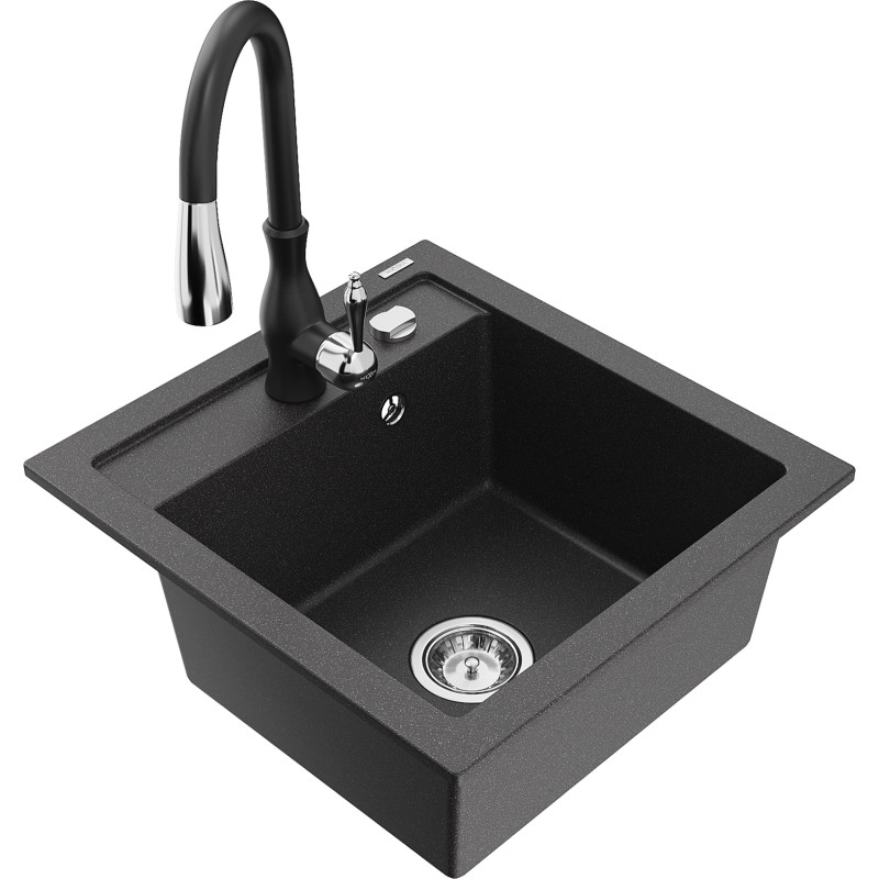 Mexen Vito 1-bowl granite sink with Savita kitchen faucet, black speckled - 6503-76-672601-70