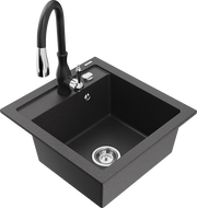 Mexen Vito granite kitchen sink single bowl with Savita kitchen faucet, black speckled - 6503-76-672601-70