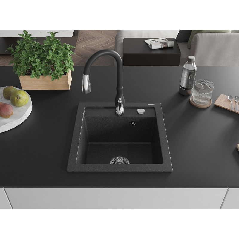 Mexen Vito Granite Kitchen Sink 1-Bowl with Savita Kitchen Tap, Black Speckled - 6503-76-672601-70