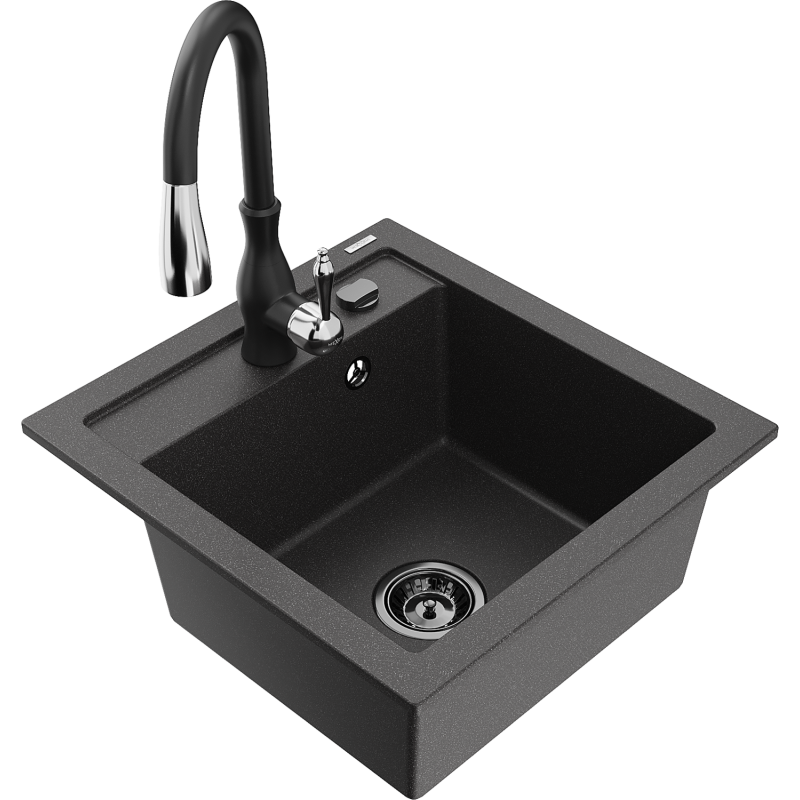 Mexen Vito 1-compartment granite sink with a kitchen mixer tap Savita, spotted black - 6503-76-672601-70-B