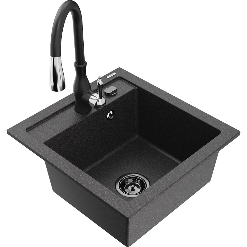 Mexen Vito granite kitchen sink 1-bowl with Savita kitchen faucet, speckled black - 6503-76-672601-70-B