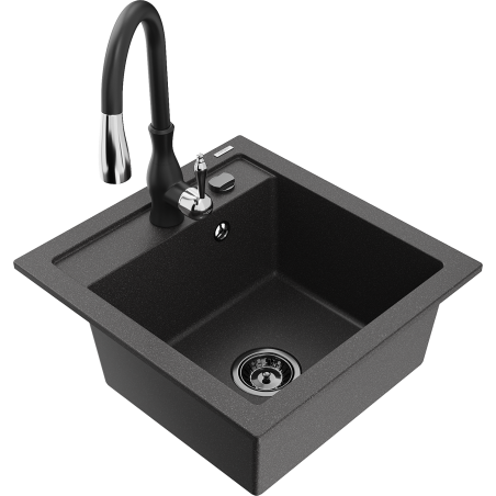 Mexen Vito granite kitchen sink 1-bowl with Savita kitchen faucet, speckled black - 6503-76-672601-70-B