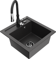 Mexen Vito granite kitchen sink 1-bowl with Savita kitchen tap, black speckled - 6503-76-672601-70-B