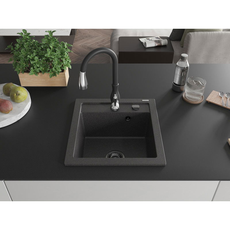 Mexen Vito granite kitchen sink 1-bowl with Savita kitchen tap, black speckled - 6503-76-672601-70-B