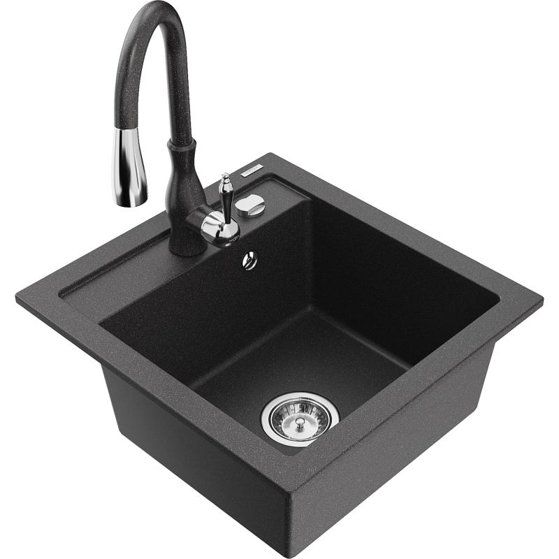 Mexen Vito 1-compartment granite sink with a kitchen mixer tap Savita, spotted black - 6503-76-672601-76