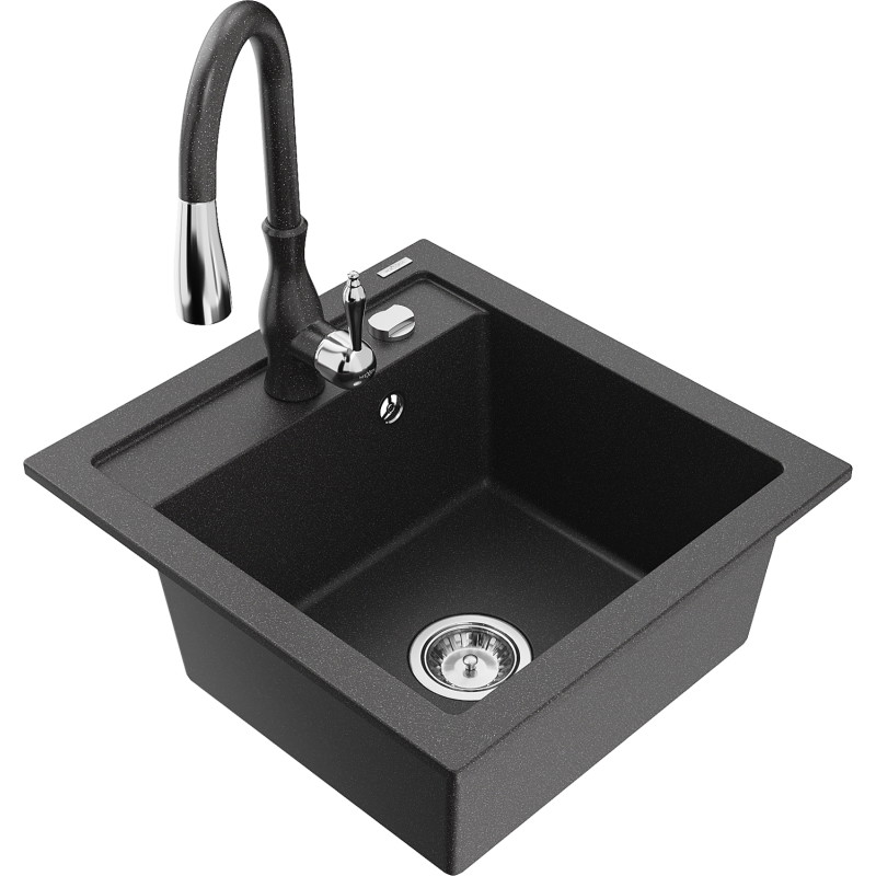 Mexen Vito granite kitchen sink 1-bowl with Savita kitchen faucet, black speckled - 6503-76-672601-76