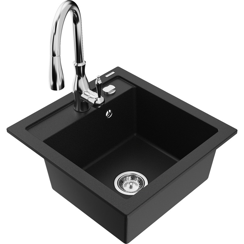 Mexen Vito 1-bowl granite kitchen sink with Savita kitchen faucet, black - 6503-77-672601-00