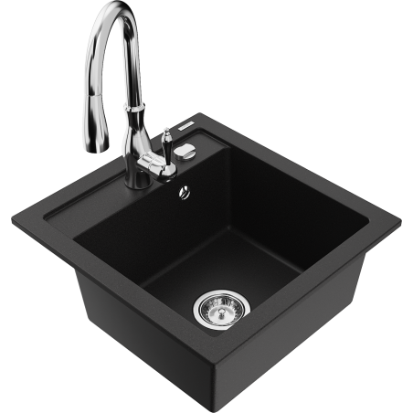 Mexen Vito 1-compartment granite sink with a kitchen mixer tap Savita, Black - 6503-77-672601-00