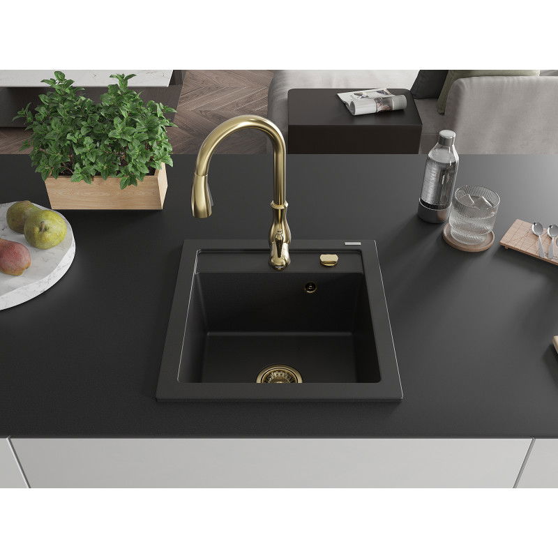 Mexen Vito granite sink 1-bowl with Savita kitchen tap, black - 6503-77-672601-50