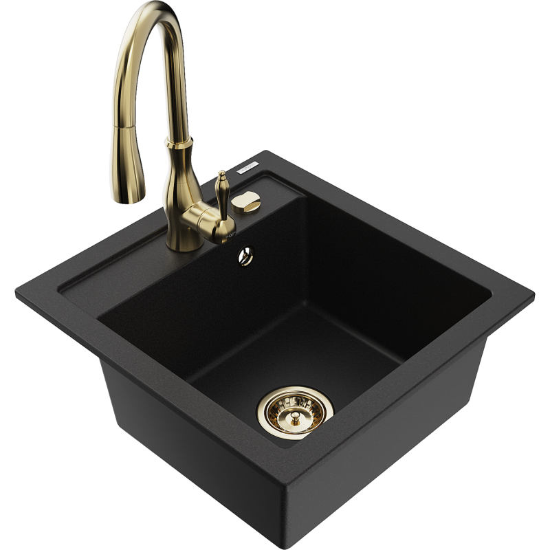 Mexen Vito granite sink 1-bowl with Savita kitchen tap, black - 6503-77-672601-50