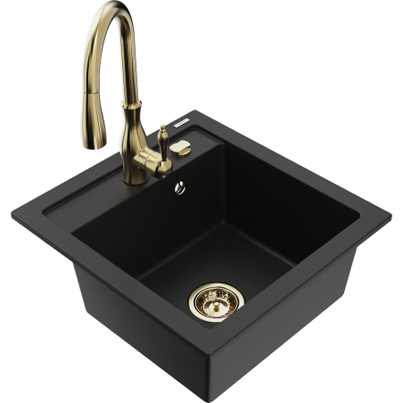 Mexen Vito granite sink 1-bowl with Savita kitchen tap, black - 6503-77-672601-50