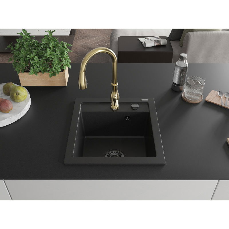 Mexen Vito granite sink 1-bowl with Savita kitchen tap, black - 6503-77-672601-50-B
