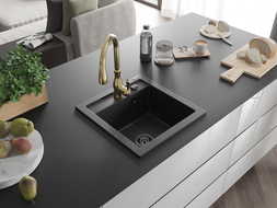 Mexen Vito granite sink 1-bowl with Savita kitchen tap, black - 6503-77-672601-50-B