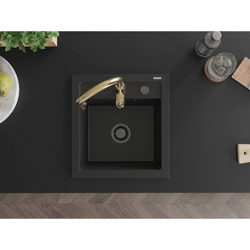 Mexen Vito granite sink 1-bowl with Savita kitchen tap, black - 6503-77-672601-50-B