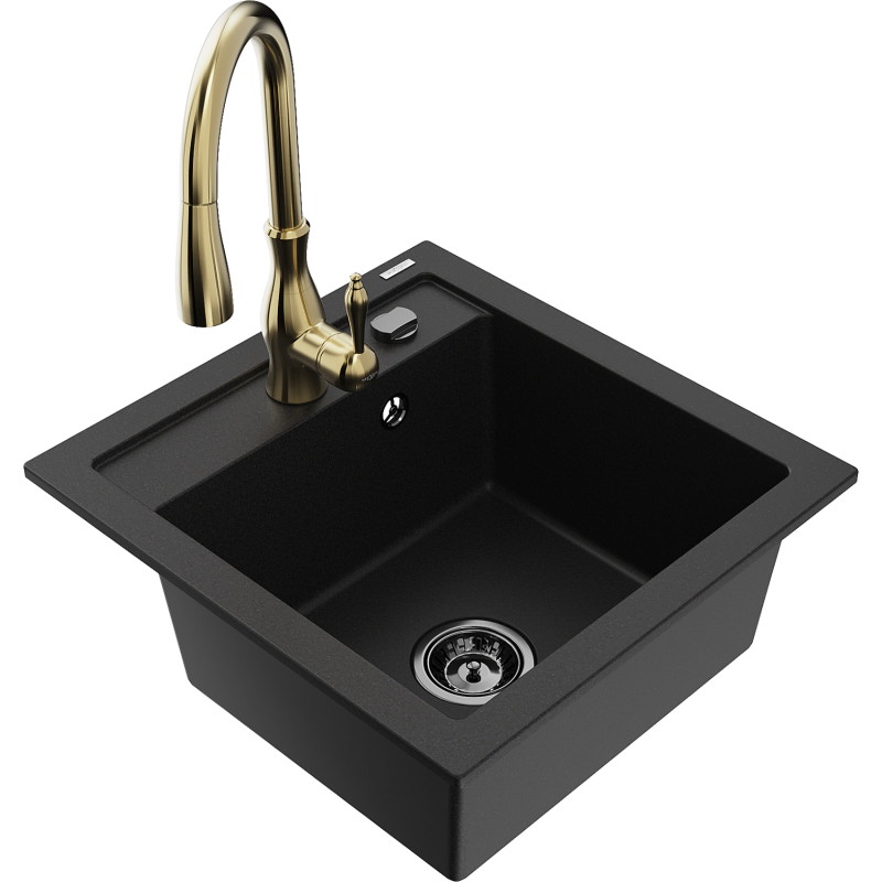 Mexen Vito granite kitchen sink 1-bowl with Savita kitchen faucet, black - 6503-77-672601-50-B