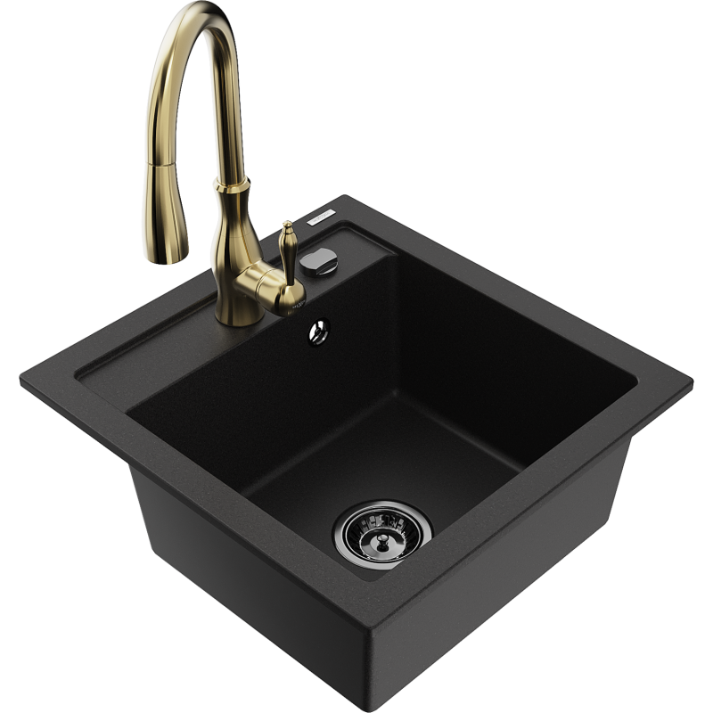 Mexen Vito granite sink 1-bowl with Savita kitchen tap, black - 6503-77-672601-50-B