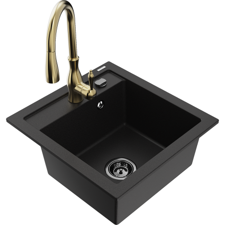 Mexen Vito granite sink 1-bowl with Savita kitchen tap, black - 6503-77-672601-50-B