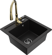 Mexen Vito granite sink 1-bowl with Savita kitchen tap, black - 6503-77-672601-50-B