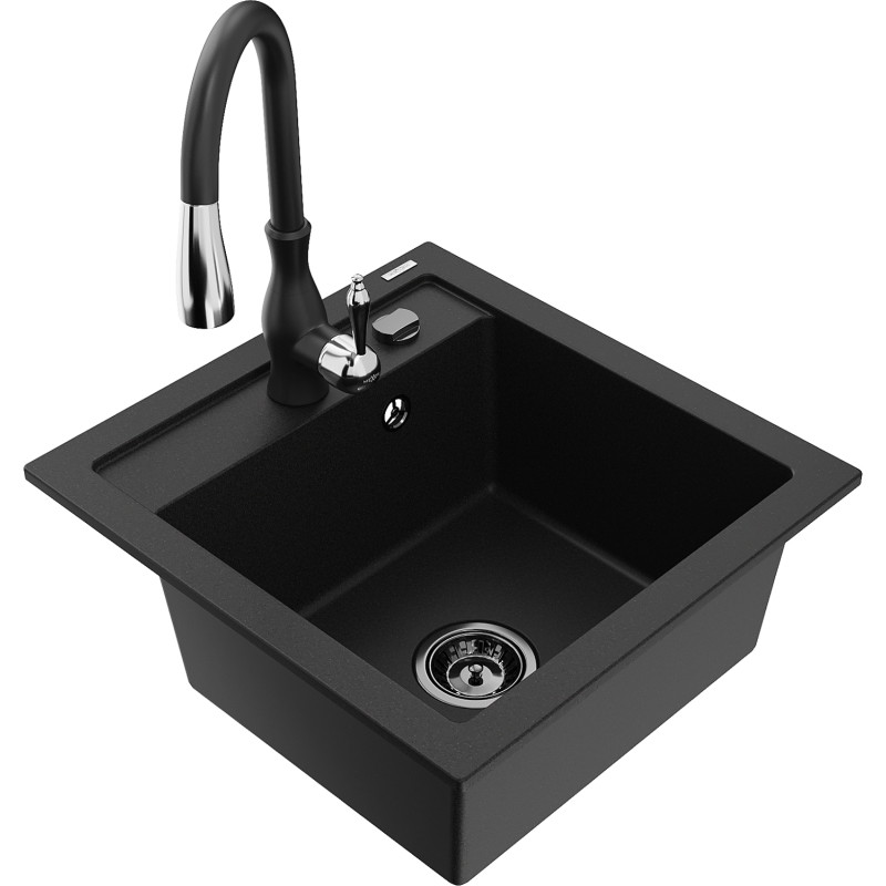 Mexen Vito granite kitchen sink 1-bowl with Savita kitchen faucet, black - 6503-77-672601-70-B