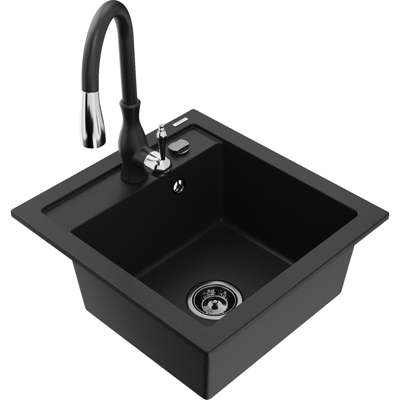 Mexen Vito granite sink 1-bowl with Savita kitchen tap, black - 6503-77-672601-70-B
