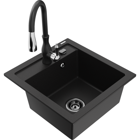 Mexen Vito granite kitchen sink 1-bowl with Savita kitchen faucet, black - 6503-77-672601-70-B