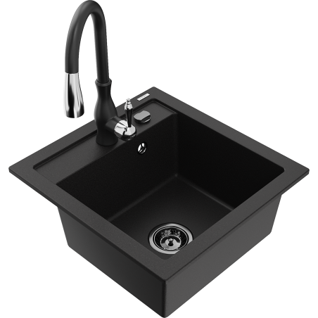 Mexen Vito granite sink 1-bowl with Savita kitchen tap, black - 6503-77-672601-70-B