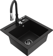 Mexen Vito granite sink 1-bowl with Savita kitchen tap, black - 6503-77-672601-70-B