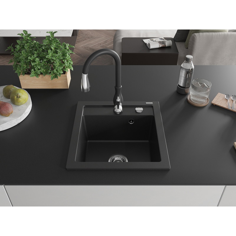Mexen Vito 1-bowl granite sink with Savita kitchen faucet, black - 6503-77-672601-70