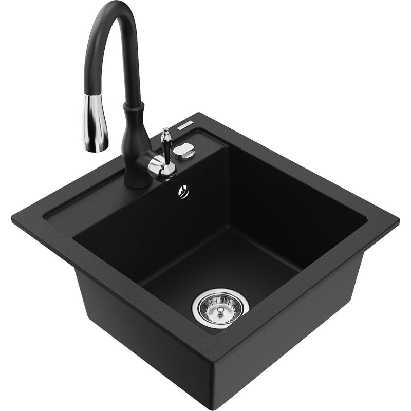 Mexen Vito 1-Bowl Granite Kitchen Sink with Savita Tap, Black - 6503-77-672601-70