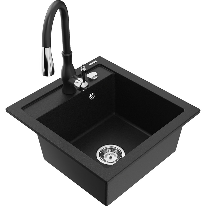 Mexen Vito 1-bowl granite sink with kitchen faucet Savita, black - 6503-77-672601-70