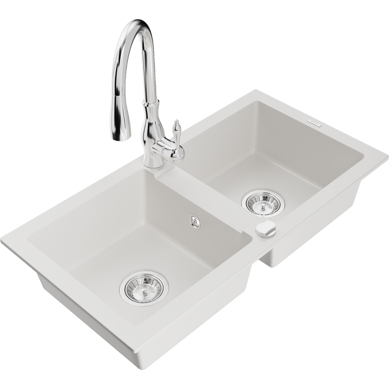 Mexen Mario 2-compartment granite sink with a kitchen mixer tap Savita, White - 6504-20-672601-00