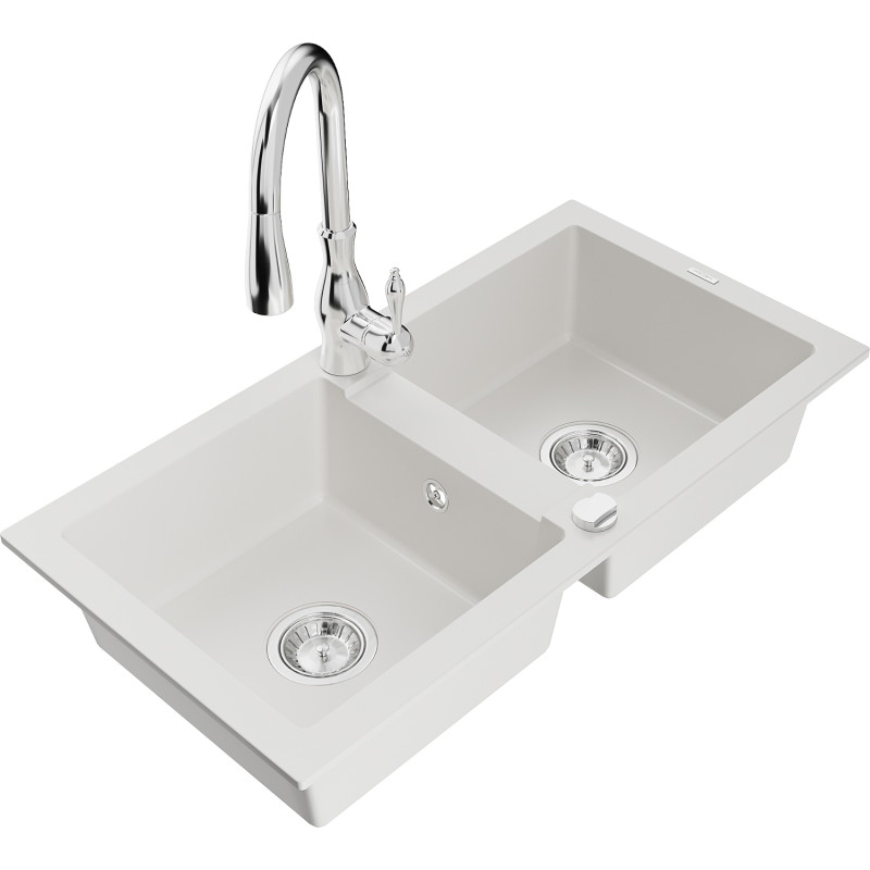 Mexen Mario granite kitchen sink double bowl with Savita kitchen faucet, white - 6504-20-672601-00