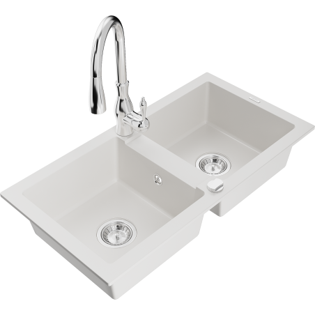 Mexen Mario granite double-bowl kitchen sink with Savita faucet, white - 6504-20-672601-00